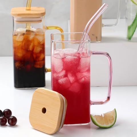 Square Mason Jar Sipper Set – 400ml Glass Tumblers with Wooden/Acrylic Lid & Straw | Pack of 2 | Random Colors