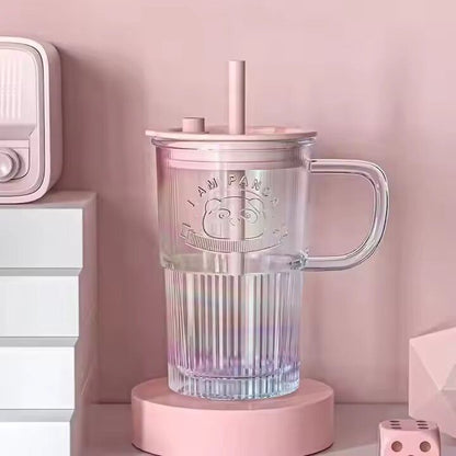 Panda Sipper Glass Mug – Striped Glass Tumbler with Handle, Lid & Straw | Iced Coffee & Smoothie Cup (Single)