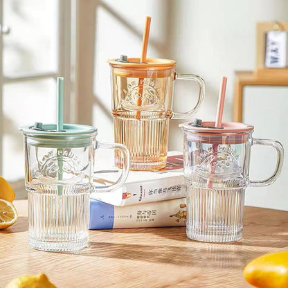 Panda Sipper Glass Mug – Striped Glass Tumbler with Handle, Lid & Straw | Iced Coffee & Smoothie Cup (Single)
