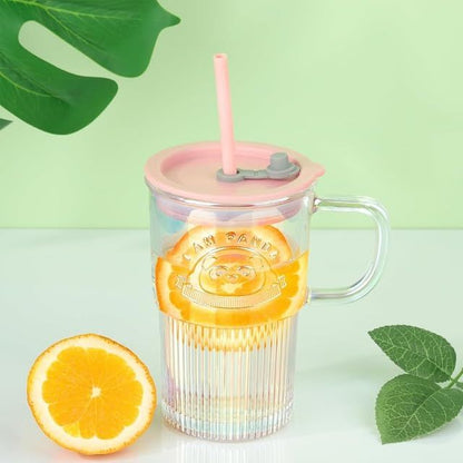 Panda Sipper Glass Mug – Striped Glass Tumbler with Handle, Lid & Straw | Iced Coffee & Smoothie Cup (Single)