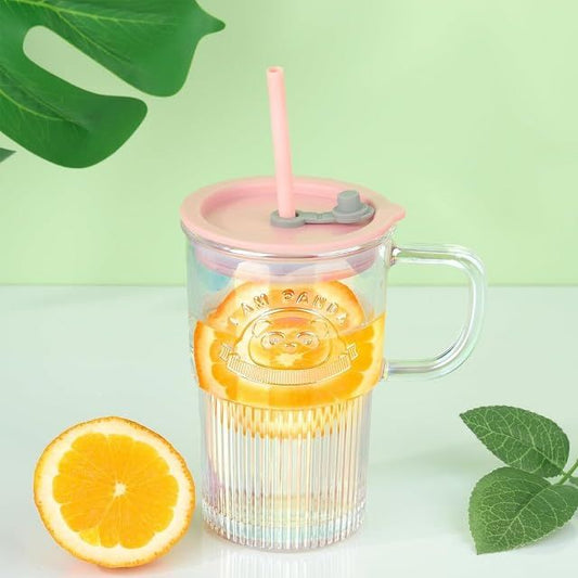 Panda Sipper Glass Mug – Striped Glass Tumbler with Handle, Lid & Straw | Iced Coffee & Smoothie Cup (Single)