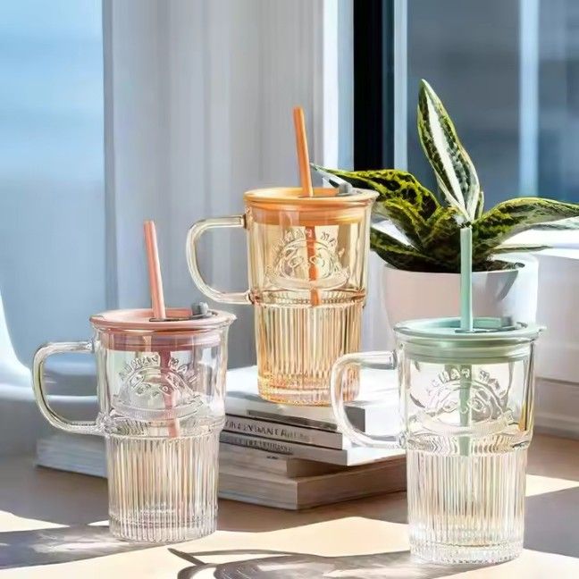Panda Sipper Glass Mug – Striped Glass Tumbler with Handle, Lid & Straw | Iced Coffee & Smoothie Cup (Single)