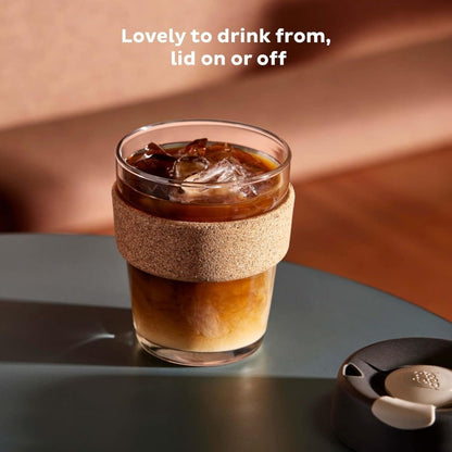 Sipper Glass with Cork Sleeve & Silicone Lid – 240ML Barista Standard Reusable Cup