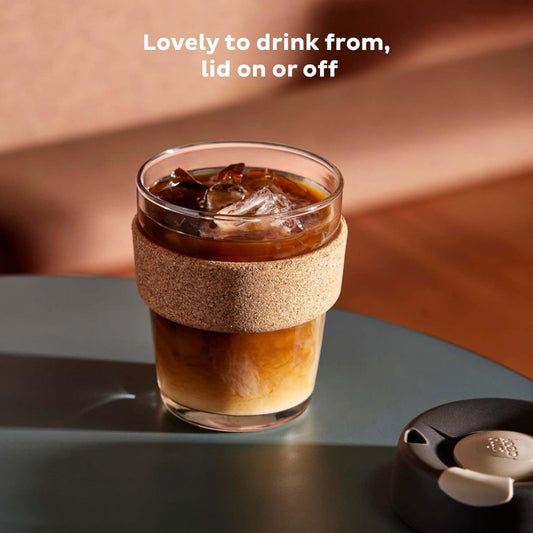Sipper Glass with Cork Sleeve & Silicone Lid – 240ML Barista Standard Reusable Cup