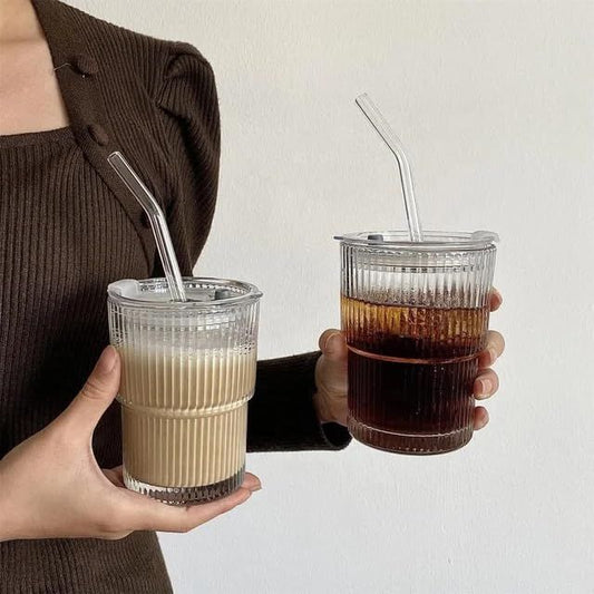 470ml Round Sipper Glass Mug – With Lid & Straw | Mojito, Juice, Milk & Tea Cup for Kids | Pack of 2