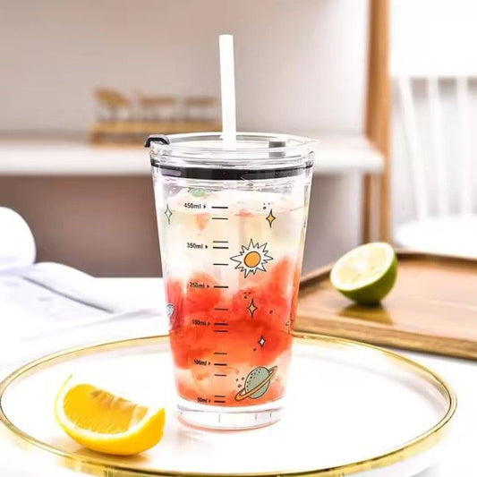 Dolphin Cartoon Glass Mug – 470ml Transparent Kids Tumbler with Straw | Fun Design for Boys & Girls