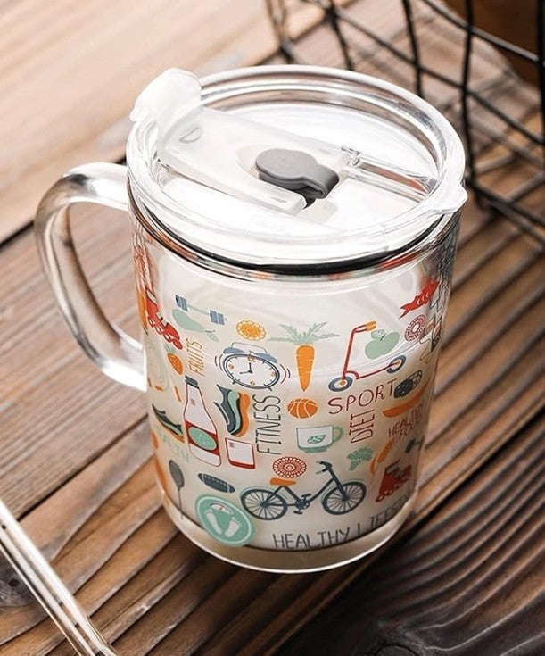 Dolphin Glass Coffee Mug – 370ml Tumbler with Lid & Straw for Coffee, Tea, Juice, and Smoothies