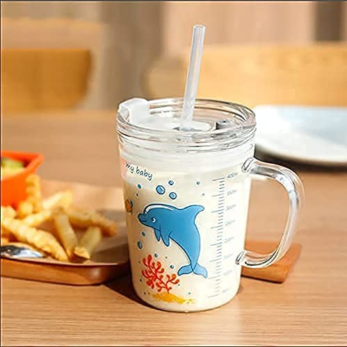 Dolphin Glass Coffee Mug – 370ml Tumbler with Lid & Straw for Coffee, Tea, Juice, and Smoothies
