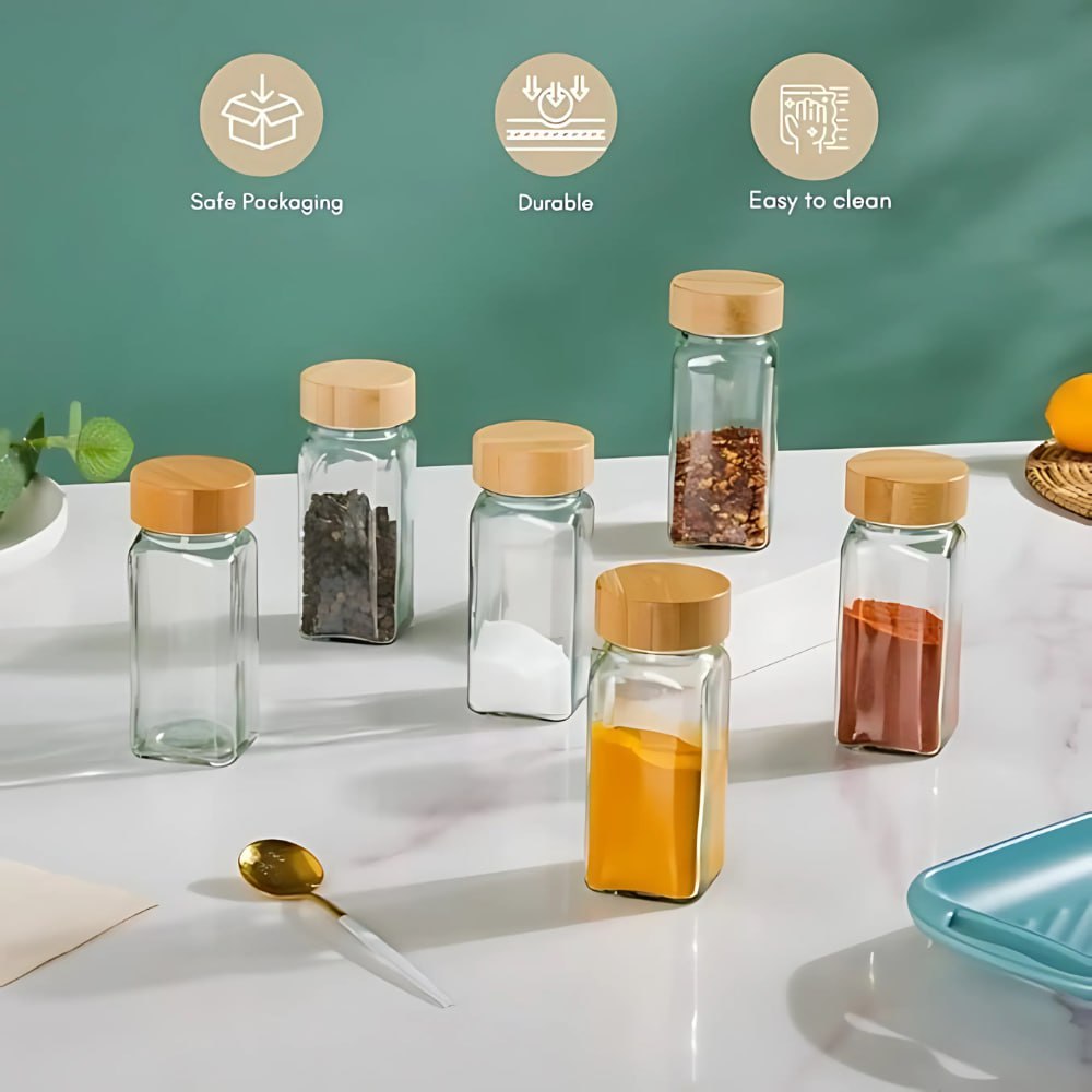 Glass Spice Jars With Bamboo Lids (120 ML) - Free Spice Label Stickers