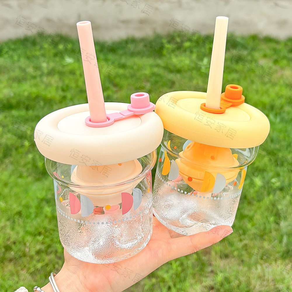 Mini Planet Cartoon Glass Tumbler – 450ml Cute Water Cup with Lid & Straw (multi color)