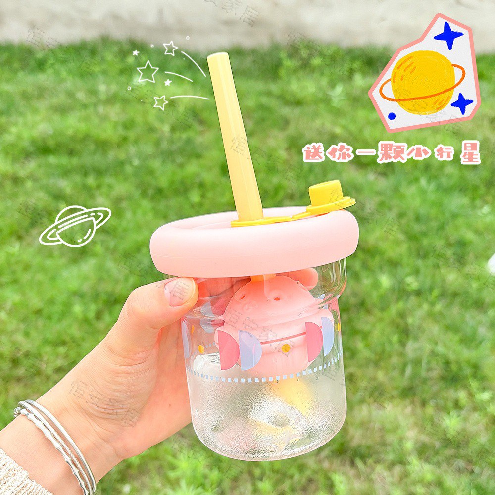 Mini Planet Cartoon Glass Tumbler – 450ml Cute Water Cup with Lid & Straw (multi color)