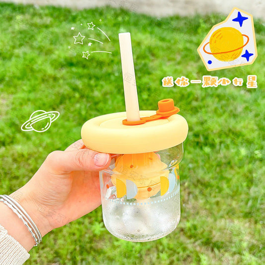 Mini Planet Cartoon Glass Tumbler – 450ml Cute Water Cup with Lid & Straw (multi color)