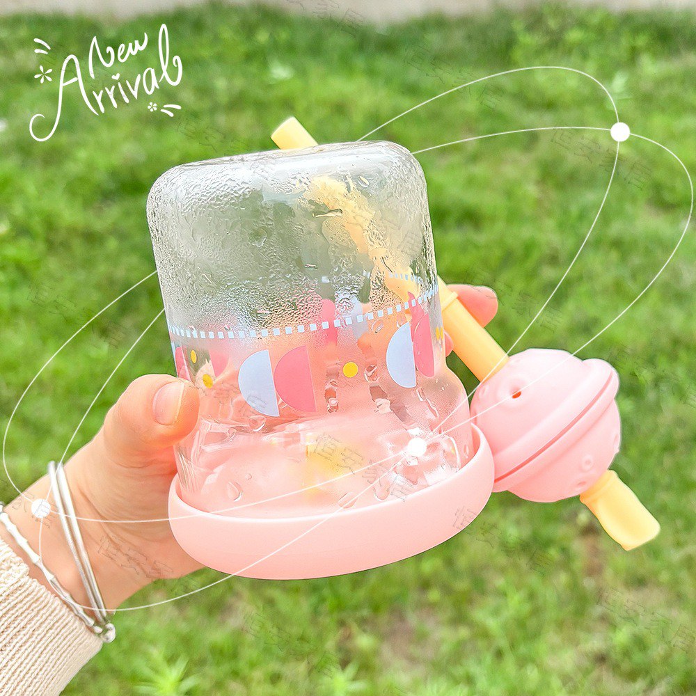 Mini Planet Cartoon Glass Tumbler – 450ml Cute Water Cup with Lid & Straw (multi color)