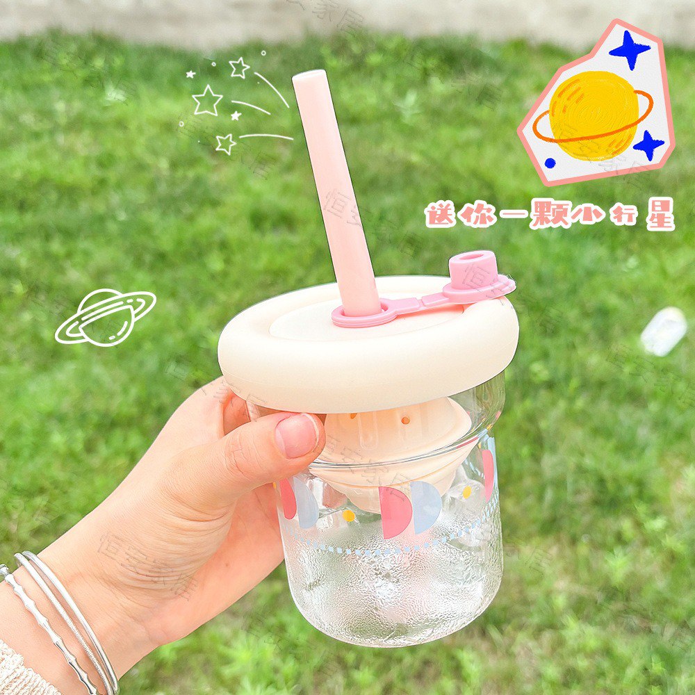 Mini Planet Cartoon Glass Tumbler – 450ml Cute Water Cup with Lid & Straw (multi color)
