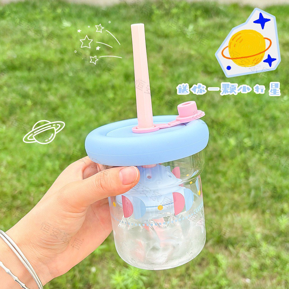 Mini Planet Cartoon Glass Tumbler – 450ml Cute Water Cup with Lid & Straw (multi color)