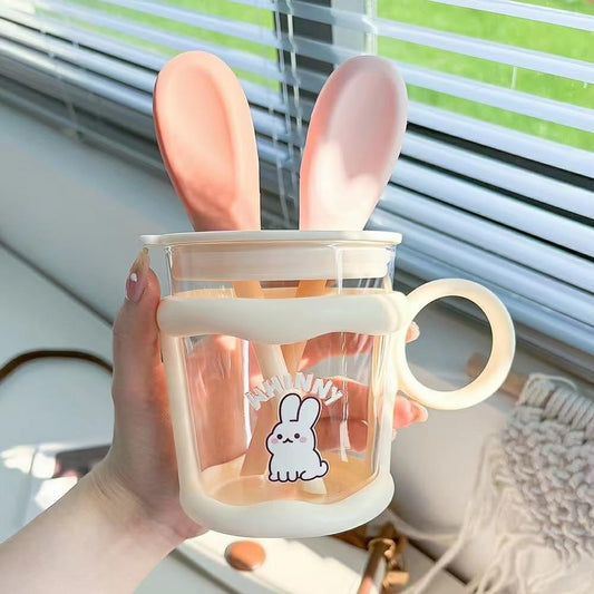Cute Rabbit Fruit Juice Glass Tumbler – 450ml with Lid & Straw