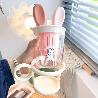 Cute Rabbit Fruit Juice Glass Tumbler – 450ml with Lid & Straw